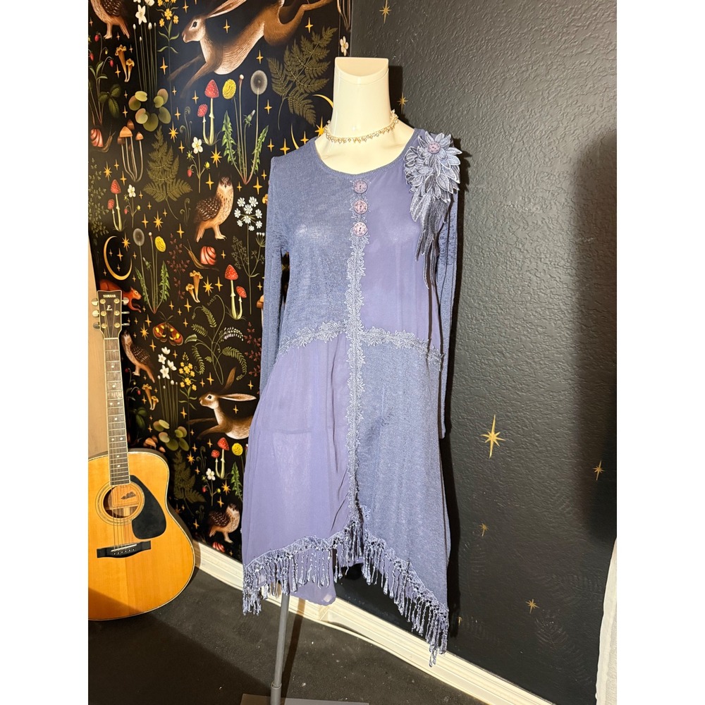 Pretty Angel Silk Blend Tunic Dress Purple Boho Lace Fringe Floral Applique L